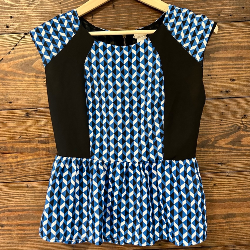 Colorblock Peplum Top Womens Small Blue Black Geometric Zip Back Mod Retro Party